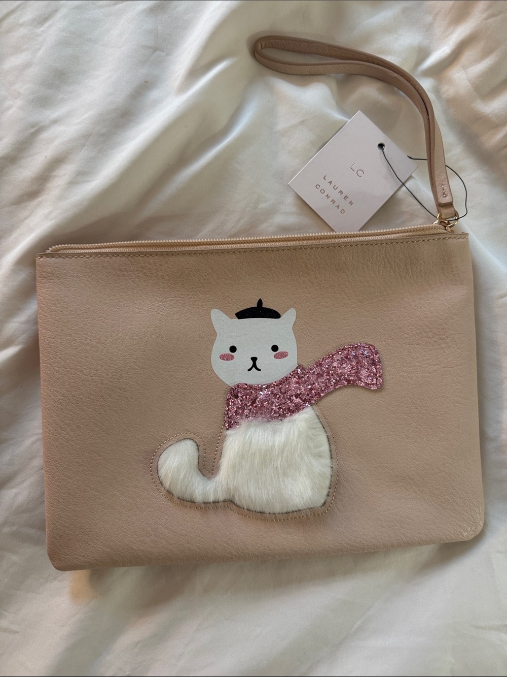 LC Lauren Conrad Blush Cat Wristlet with Pink Glitter Scarf